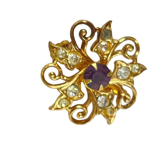 Vintage Gold Tone Floral Brooch With Purple & Clear Rhinestones For Women - Picture 5 of 6